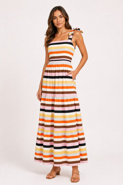REBECCA VALLANCE Linen Blend Maxi Dress US 4 Long Flowy Tiered Stripes Vacation